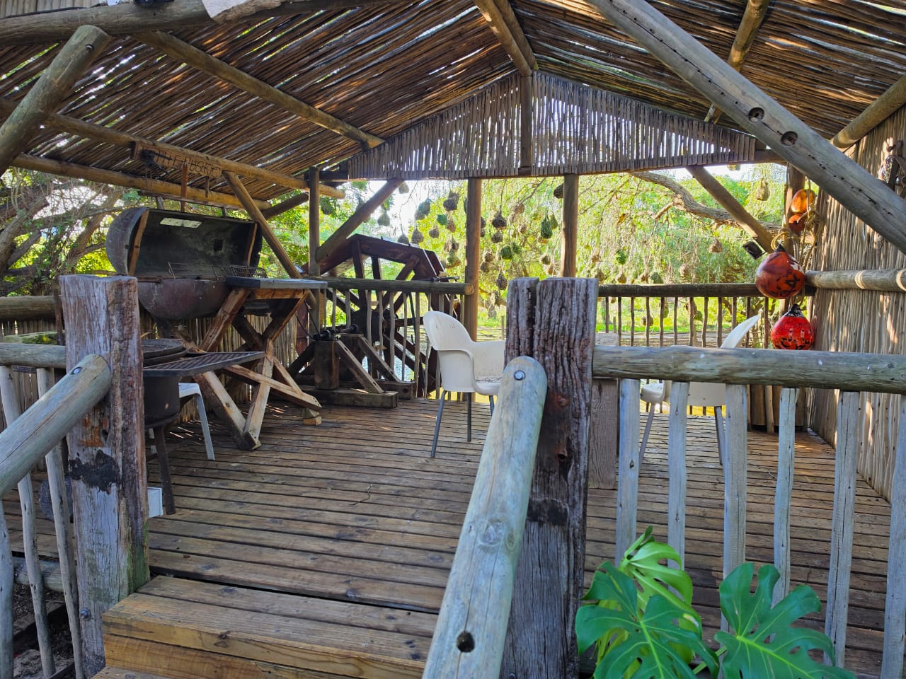 The covered braai deck beside the weaver colony.